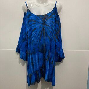 COCO KAI Hawaii Womens Top Cold Shoulder Tie Dye Blue Black Hand Made Ruffle